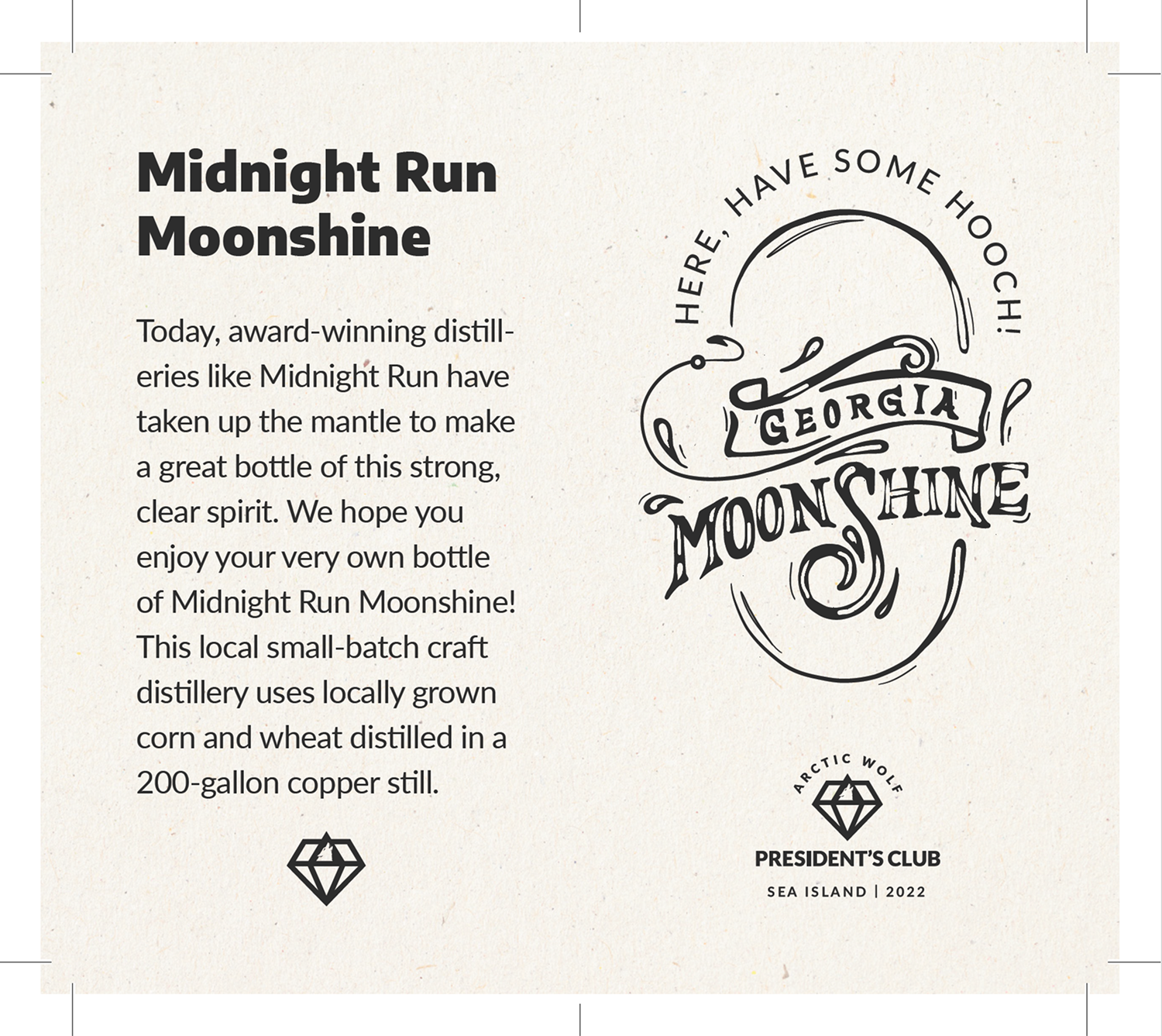 President's Club hang tag illustration — Midnight Run Moonshine